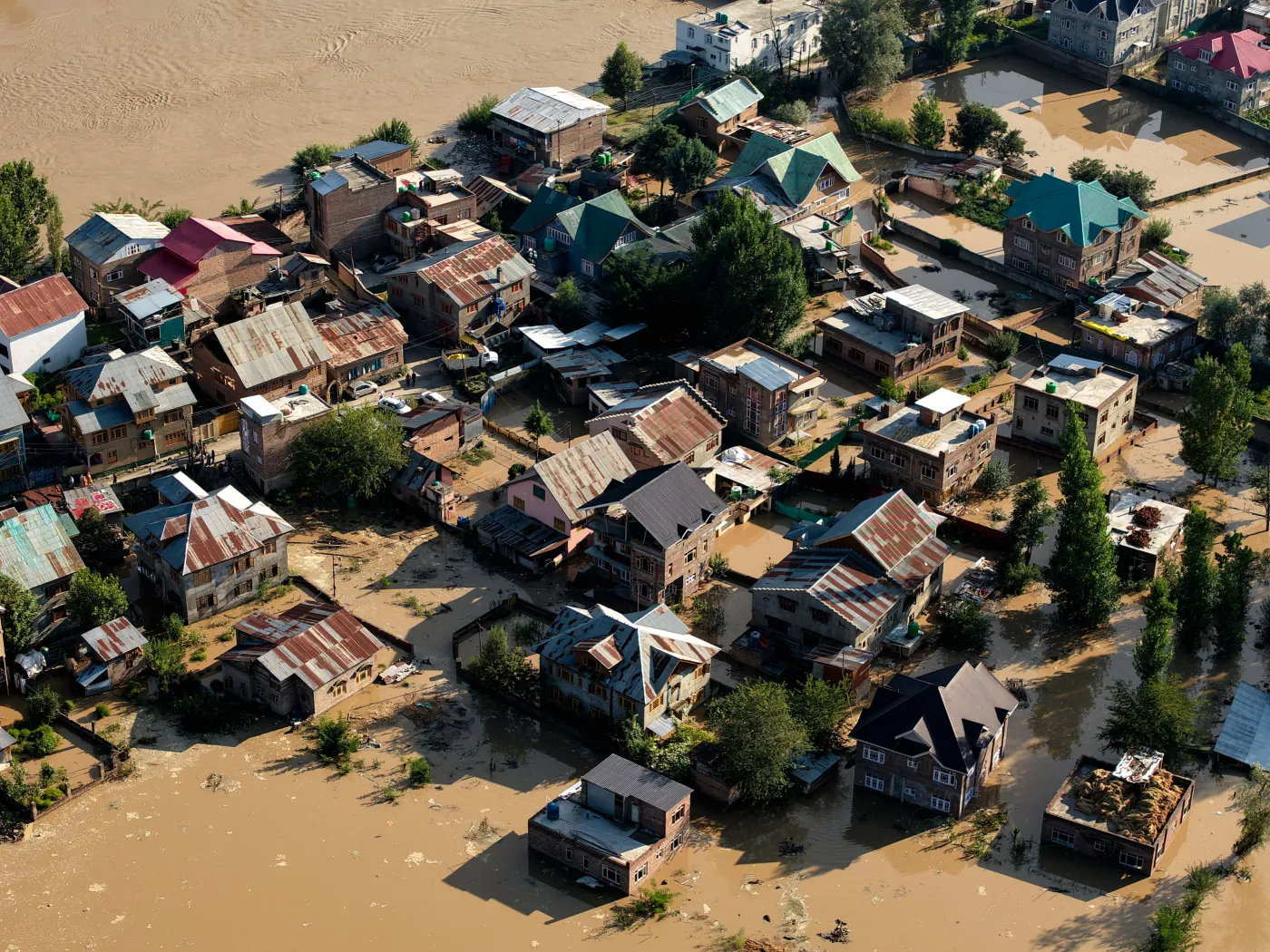 Aerial view of a flooded town